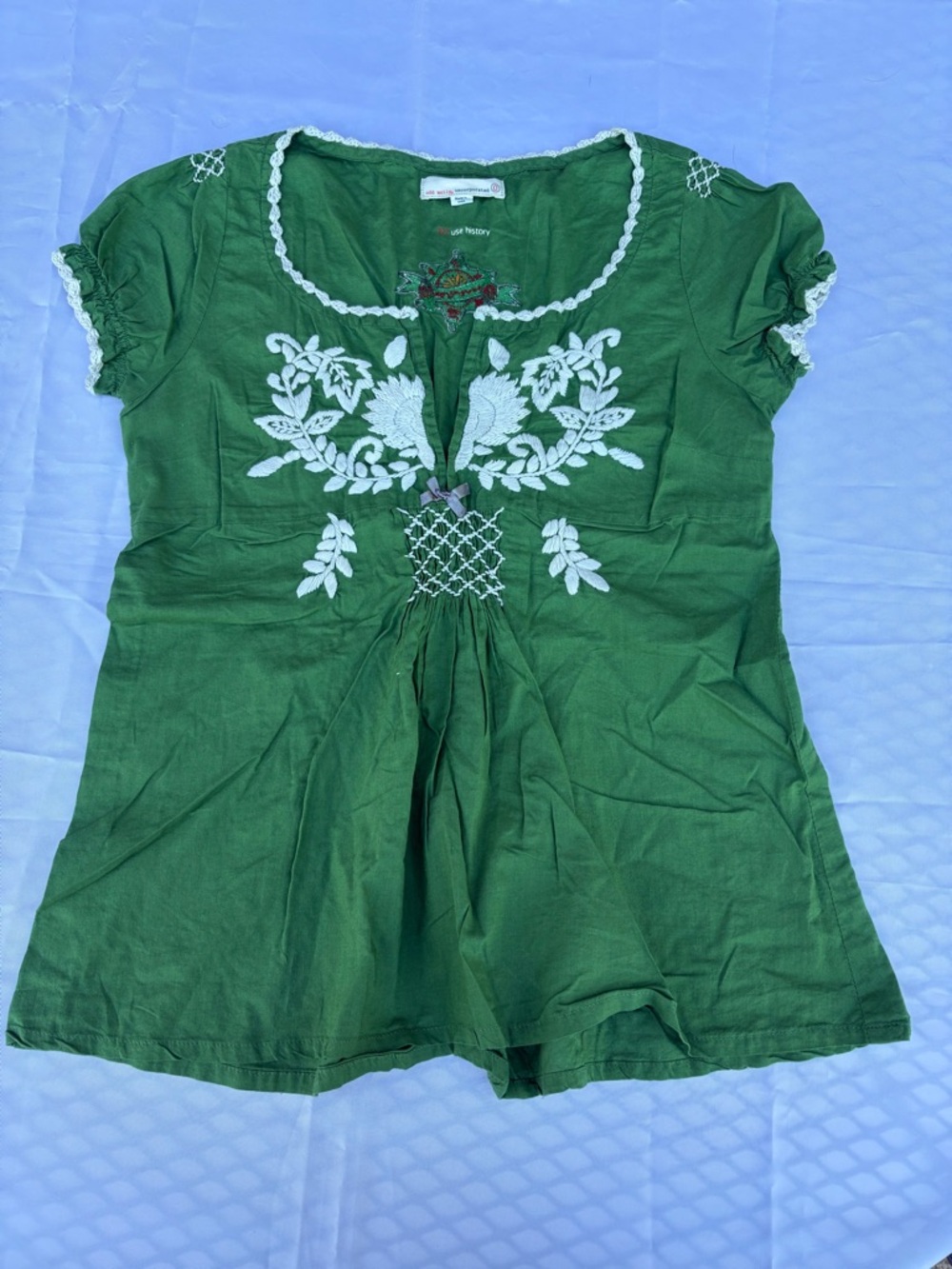 Odd Molly Green Short-Sleeve Embroidered Peasant Blouse XS